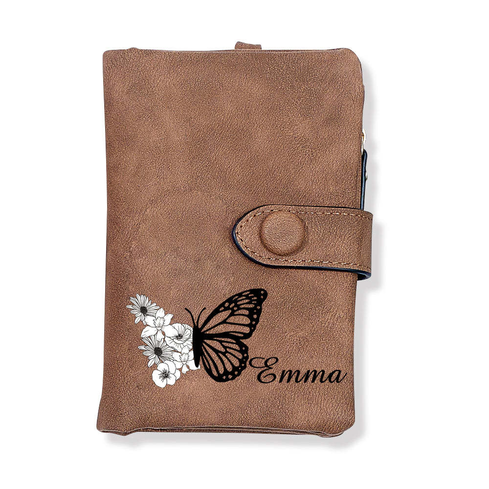 Custom Tri-Fold Butterfly Birth Flower Leather Wallet with Coin Holder Personalized Mother's Day Gift for Woman - soufeelus