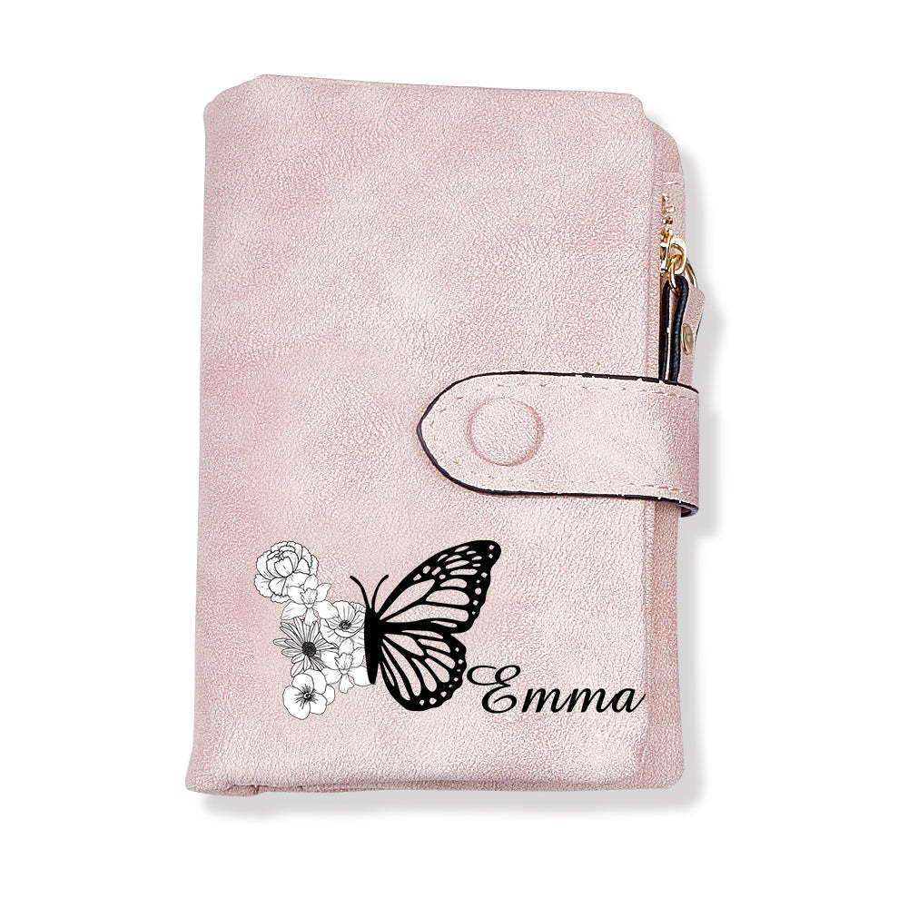 Custom Tri-Fold Butterfly Birth Flower Leather Wallet with Coin Holder Personalized Mother's Day Gift for Woman - soufeelus