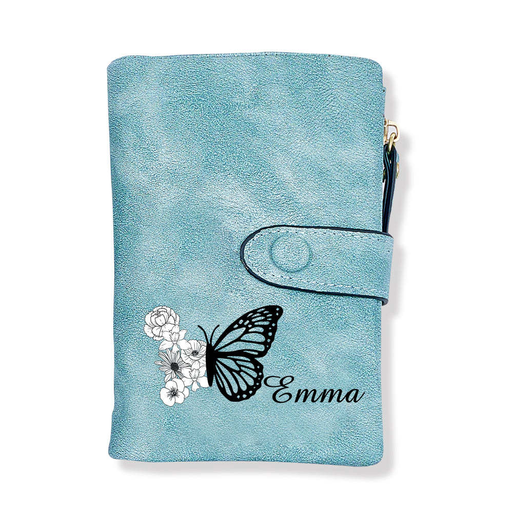 Custom Tri-Fold Butterfly Birth Flower Leather Wallet with Coin Holder Personalized Mother's Day Gift for Woman - soufeelus