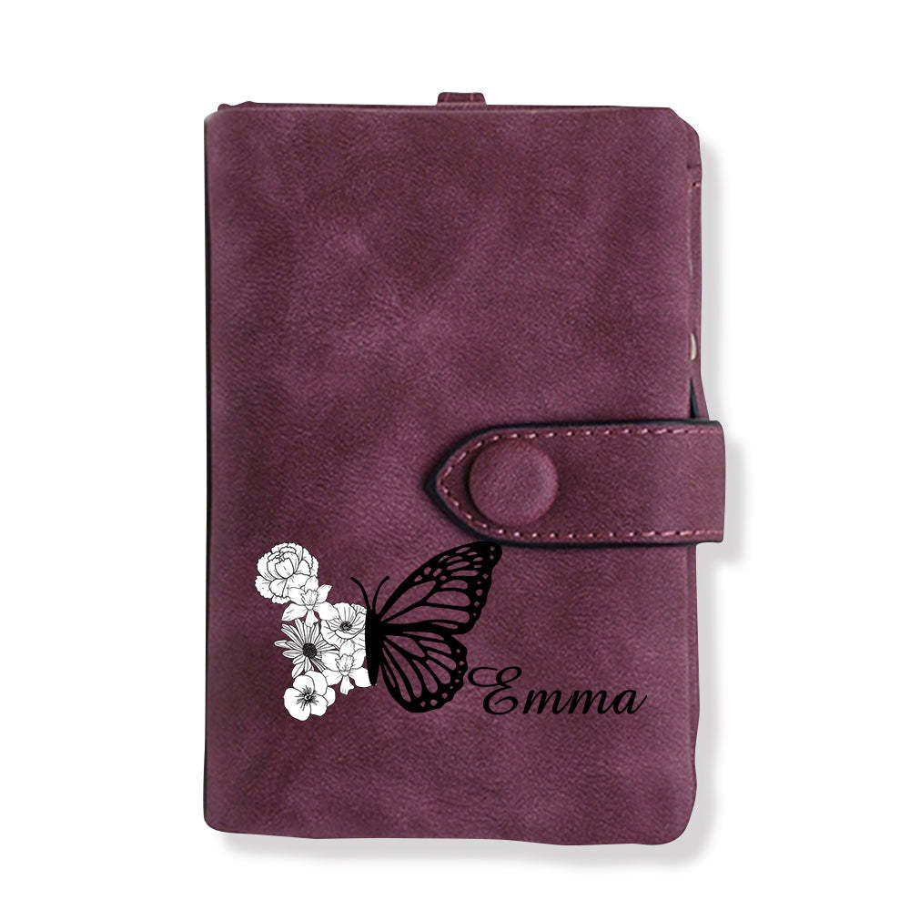 Custom Tri-Fold Butterfly Birth Flower Leather Wallet with Coin Holder Personalized Mother's Day Gift for Woman - soufeelus