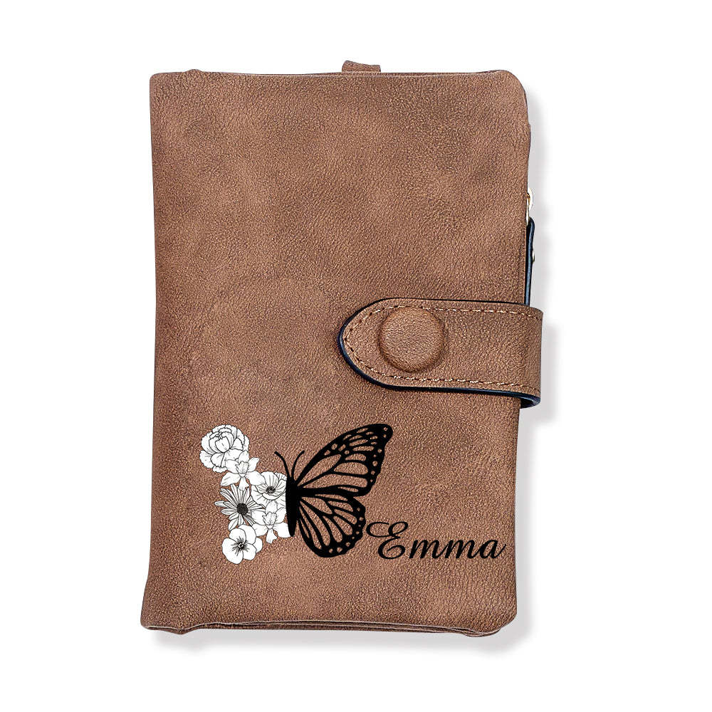 Custom Tri-Fold Butterfly Birth Flower Leather Wallet with Coin Holder Personalized Mother's Day Gift for Woman - soufeelus