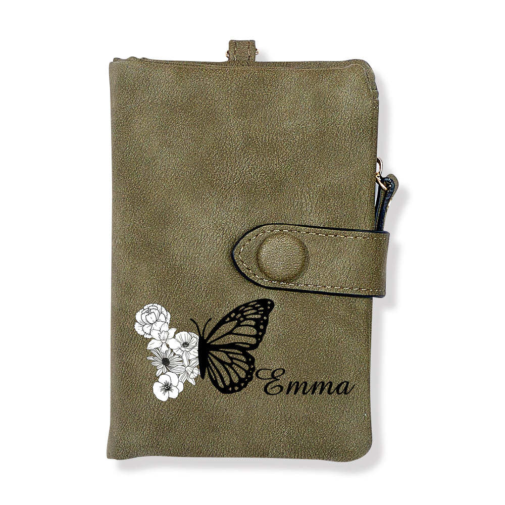 Custom Tri-Fold Butterfly Birth Flower Leather Wallet with Coin Holder Personalized Mother's Day Gift for Woman - soufeelus