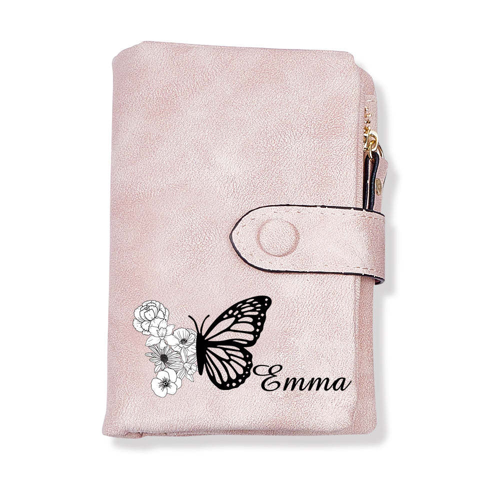 Custom Tri-Fold Butterfly Birth Flower Leather Wallet with Coin Holder Personalized Mother's Day Gift for Woman - soufeelus