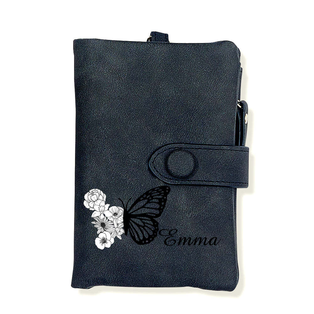 Custom Tri-Fold Butterfly Birth Flower Leather Wallet with Coin Holder Personalized Mother's Day Gift for Woman - soufeelus