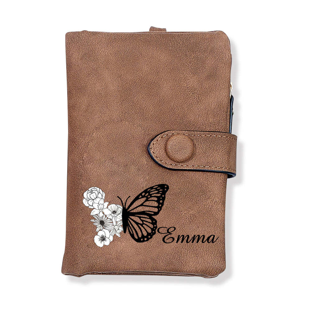 Custom Tri-Fold Butterfly Birth Flower Leather Wallet with Coin Holder Personalized Mother's Day Gift for Woman - soufeelus