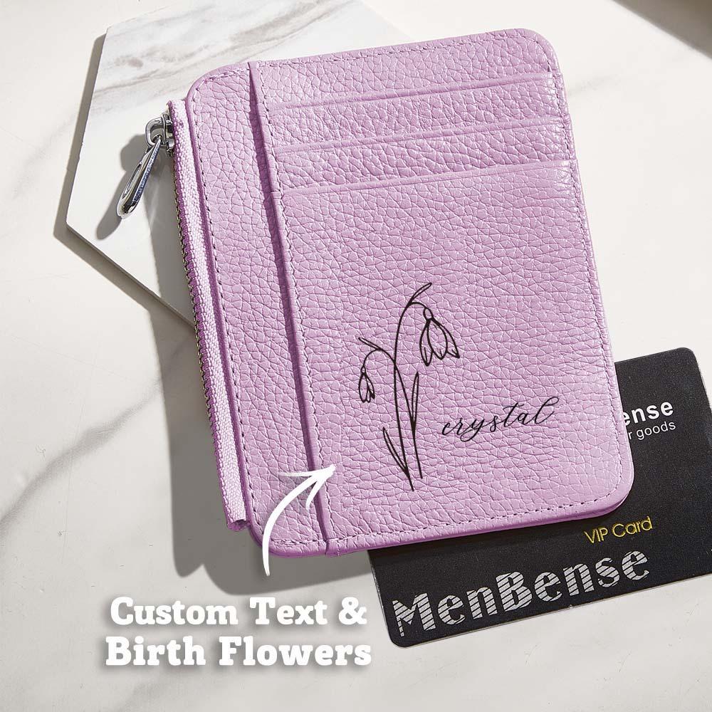Personalized Birth Flower Leather Wallet with Name 8 Card Slots Wallet Birthday Gift for Her - soufeelus