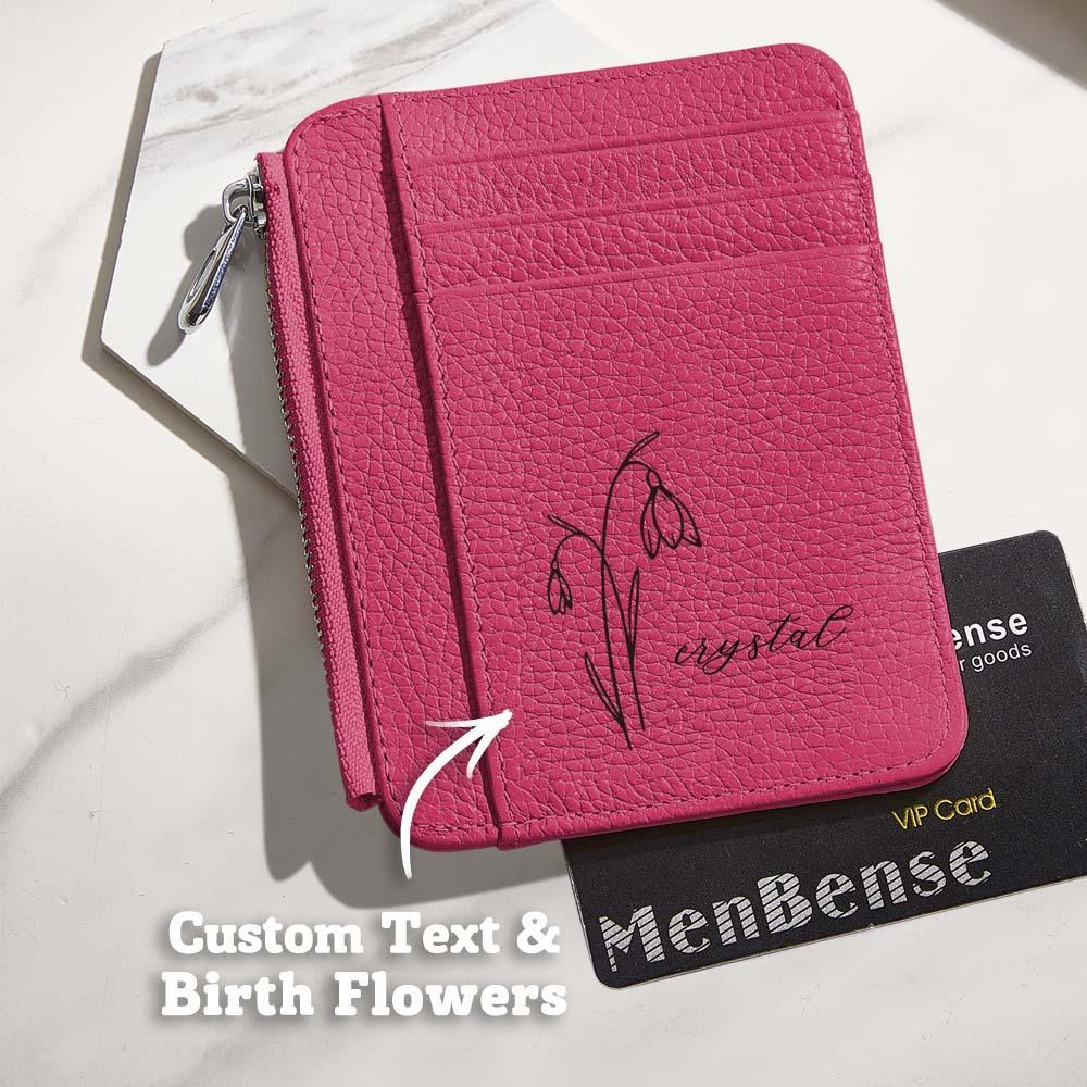 Personalized Birth Flower Leather Wallet with Name 8 Card Slots Wallet Birthday Gift for Her - soufeelus