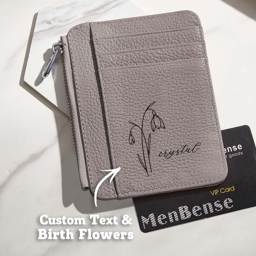 Personalized Birth Flower Leather Wallet with Name 8 Card Slots Wallet Birthday Gift for Her - soufeelus