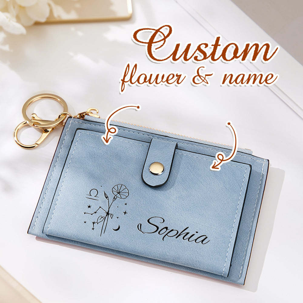 Personalized Zodiac Birth Flower Leather Wallet Birthday Anniversary Gift for Her - soufeelus