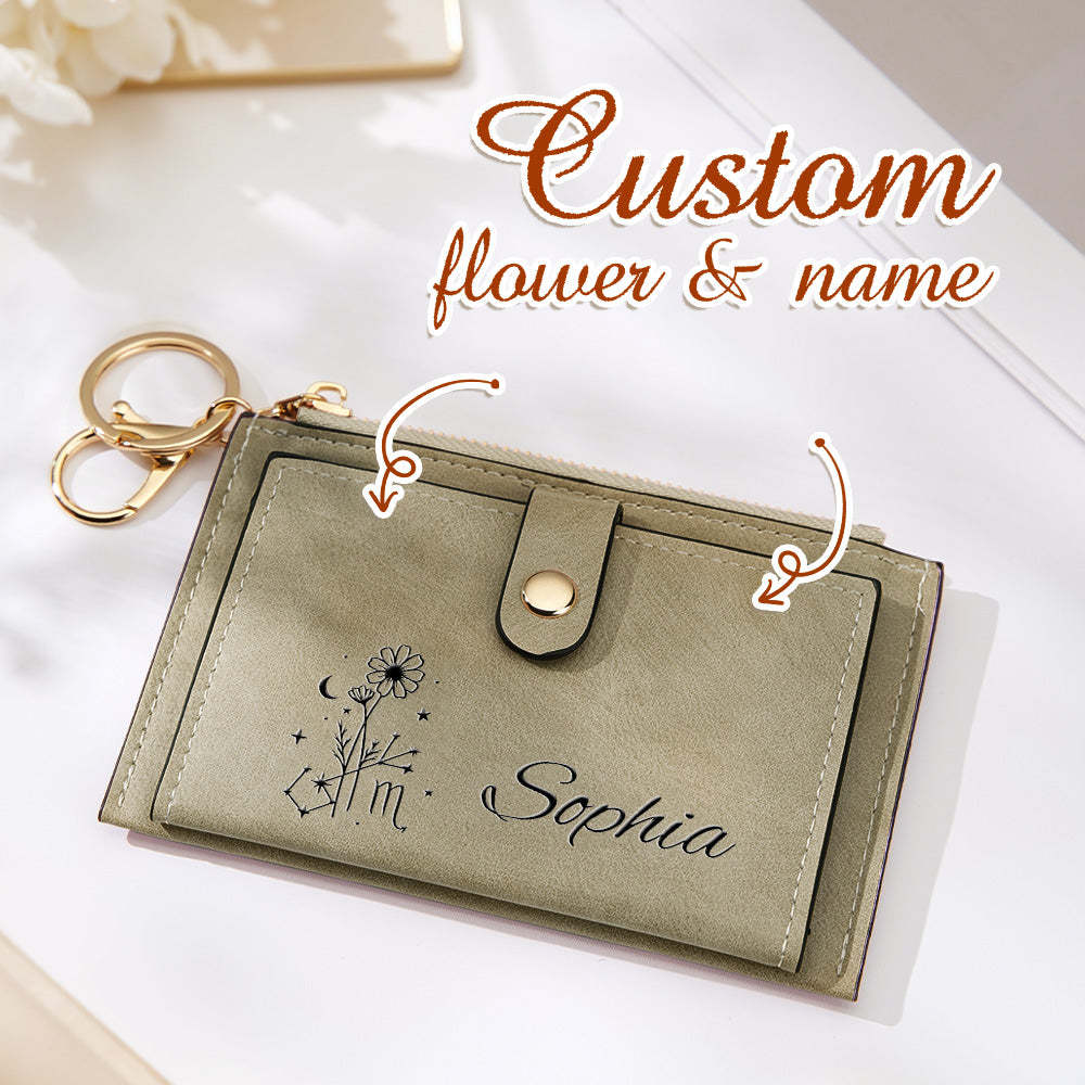 Personalized Zodiac Birth Flower Leather Wallet Birthday Anniversary Gift for Her - soufeelus