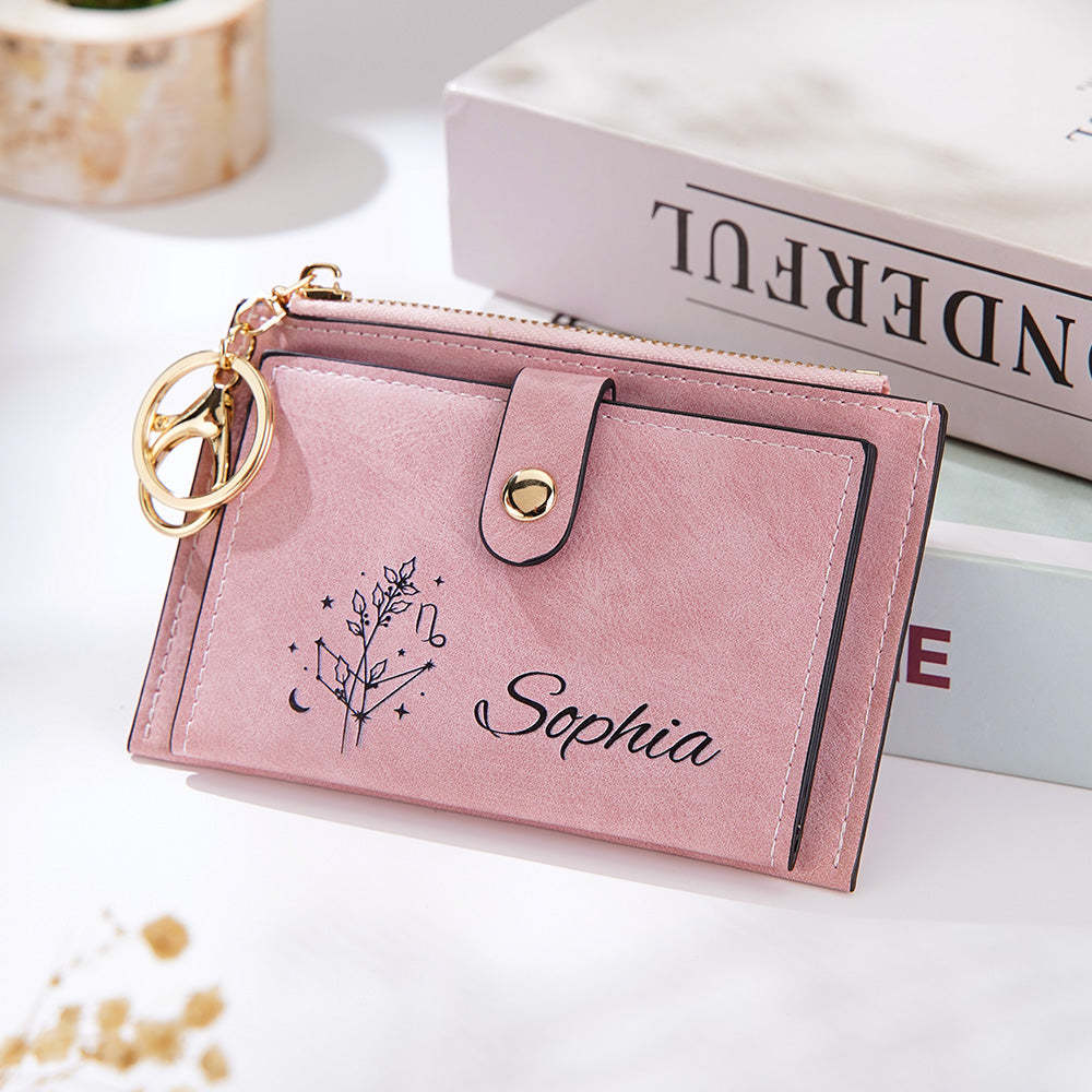 Personalized Zodiac Birth Flower Leather Wallet Birthday Anniversary Gift for Her - soufeelus