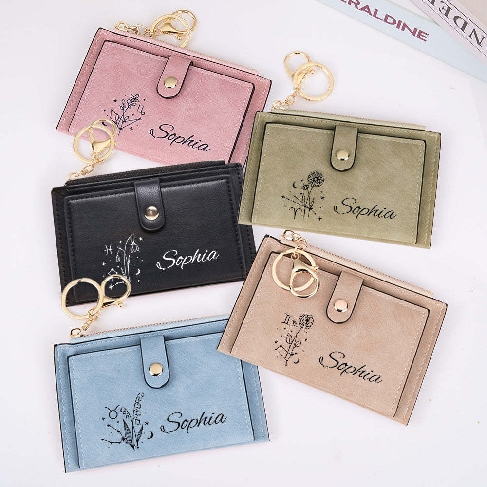 Personalized Zodiac Birth Flower Leather Wallet Birthday Anniversary Gift for Her - soufeelus