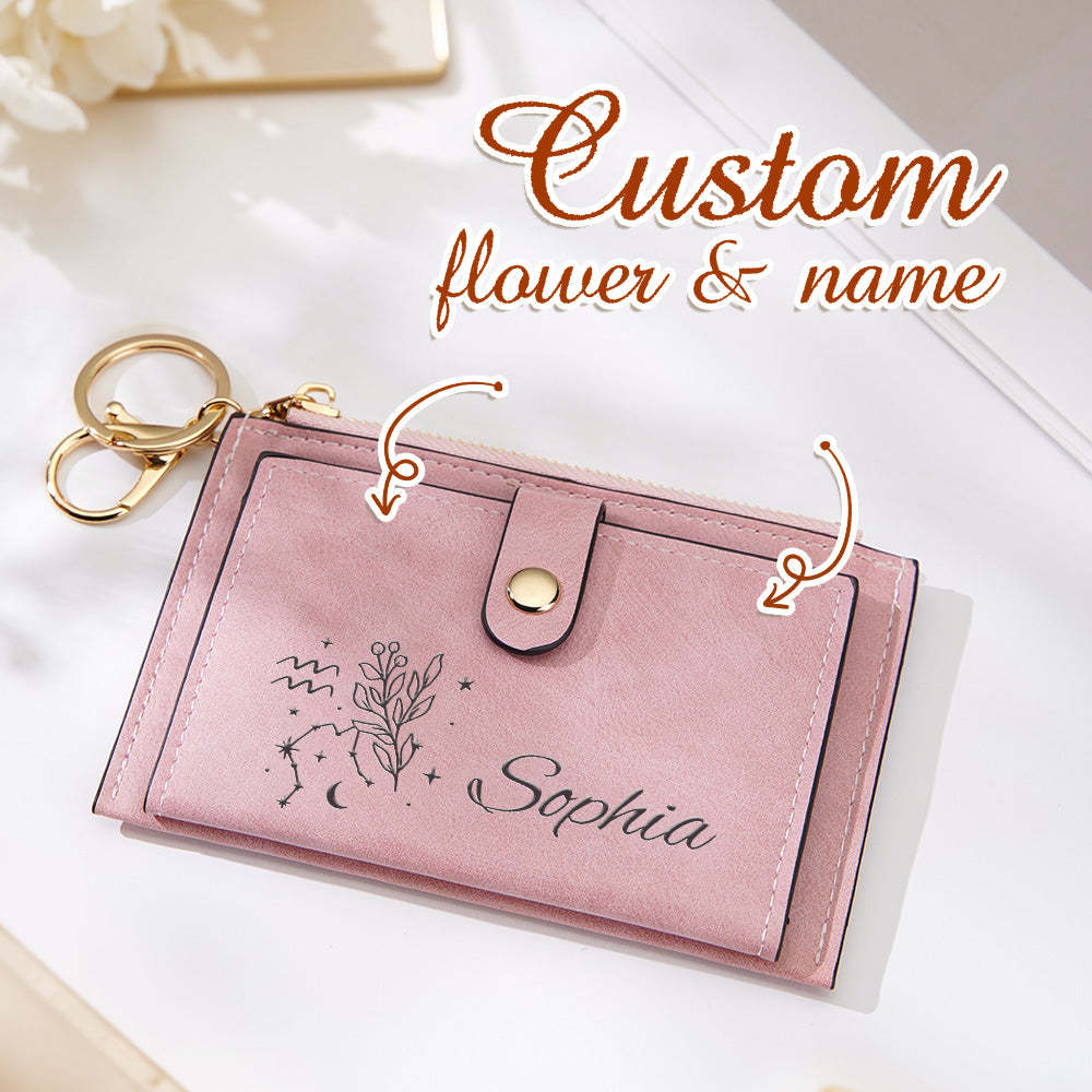 Personalized Zodiac Birth Flower Leather Wallet Birthday Anniversary Gift for Her - soufeelus
