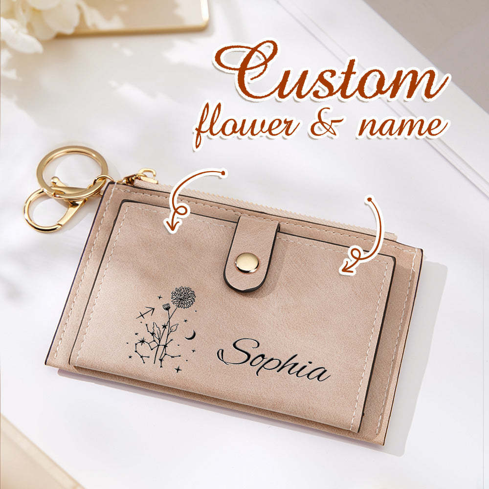 Personalized Zodiac Birth Flower Leather Wallet Birthday Anniversary Gift for Her - soufeelus