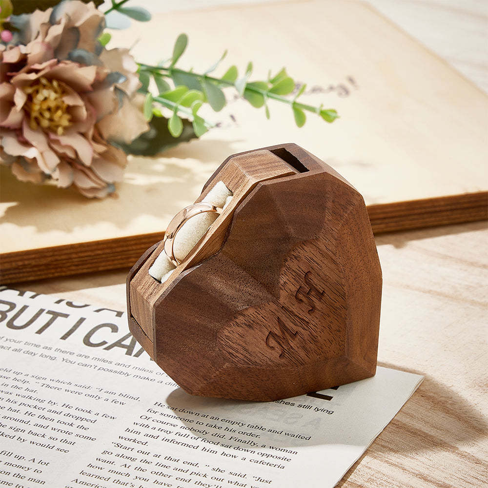 Personalized Initial Wooden Rotating Ring Box Engagement Heart Shape Ring Box Wedding Gifts - soufeelus