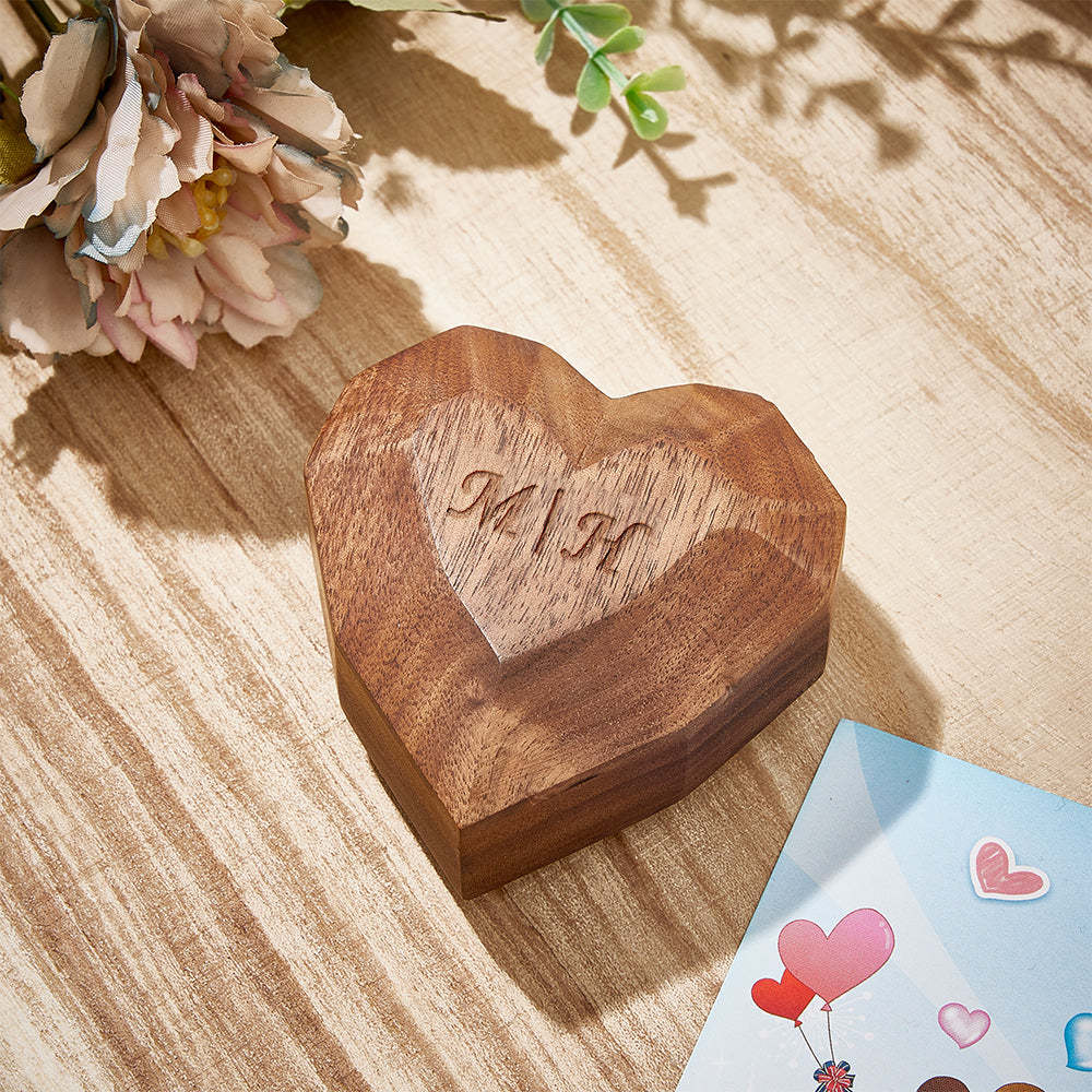 Personalized Initial Wooden Rotating Ring Box Engagement Heart Shape Ring Box Wedding Gifts - soufeelus