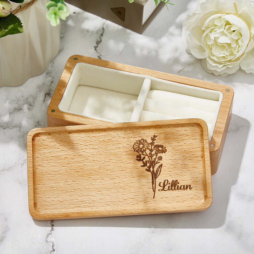 Personalized Birth Flower Jewelry Box Custom Name Jewelry Organizer Gift for Her - soufeelus