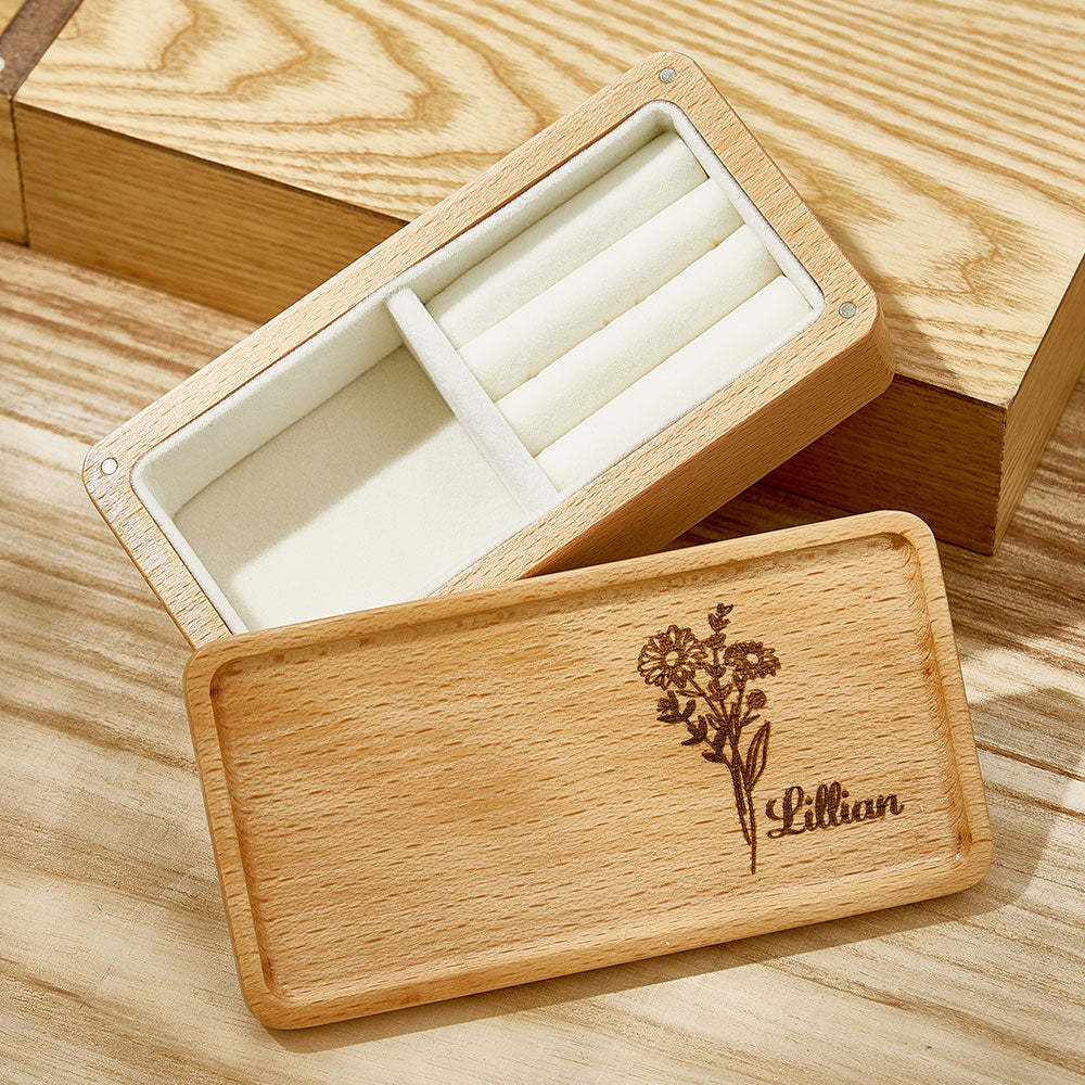 Personalized Birth Flower Jewelry Box Custom Name Jewelry Organizer Gift for Her - soufeelus