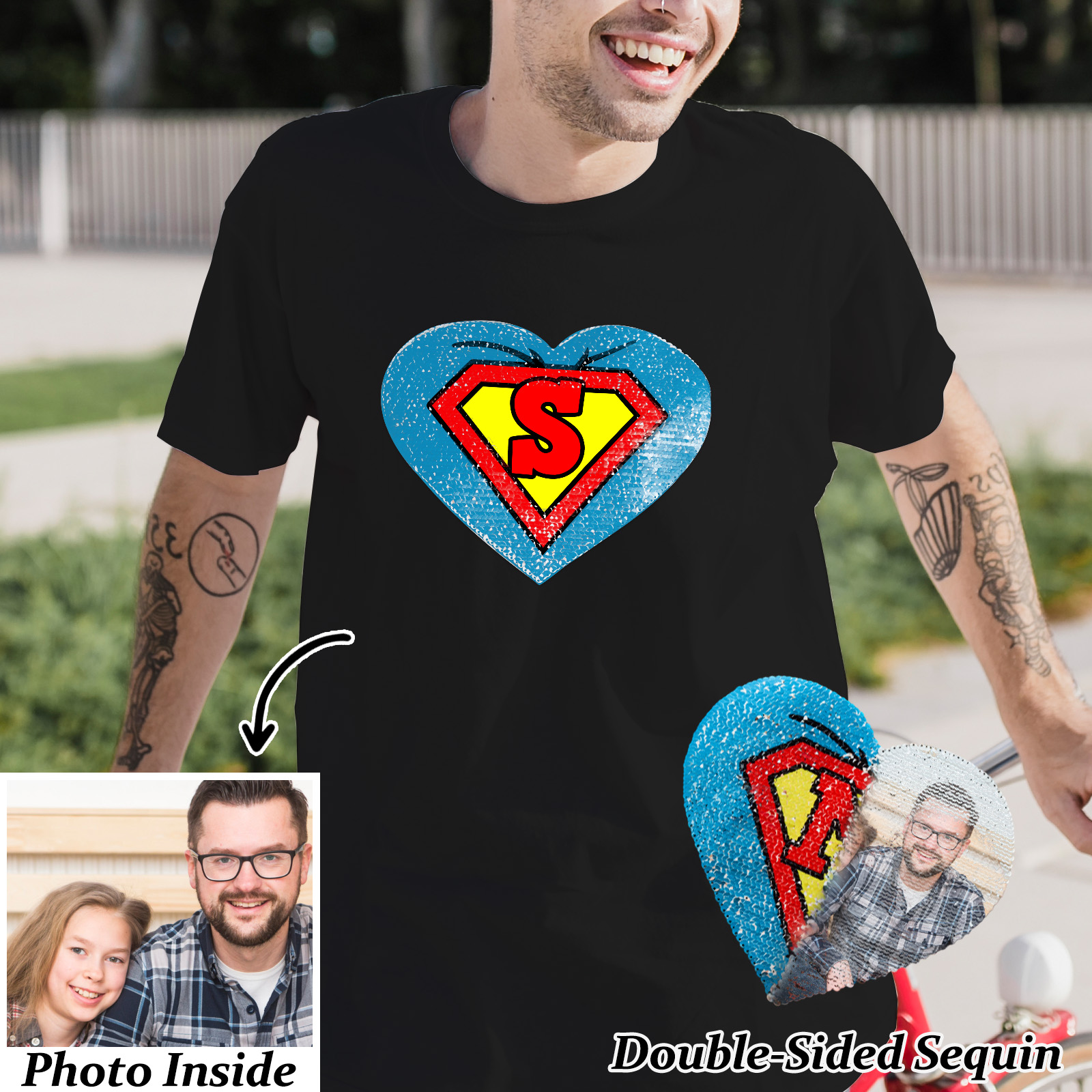 Custom Photo Heart Flip Double Sided Sequin T-shirt Personalized Picture Sequin Tee Father's Day Gifts Super Dad