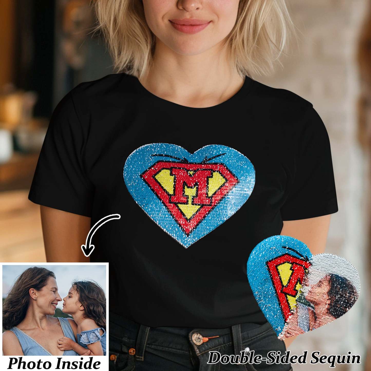 Custom Photo Heart Flip Double Sided Sequin T-shirt Personalized Picture Sequin Tee Mother's Day Gifts - soufeelus