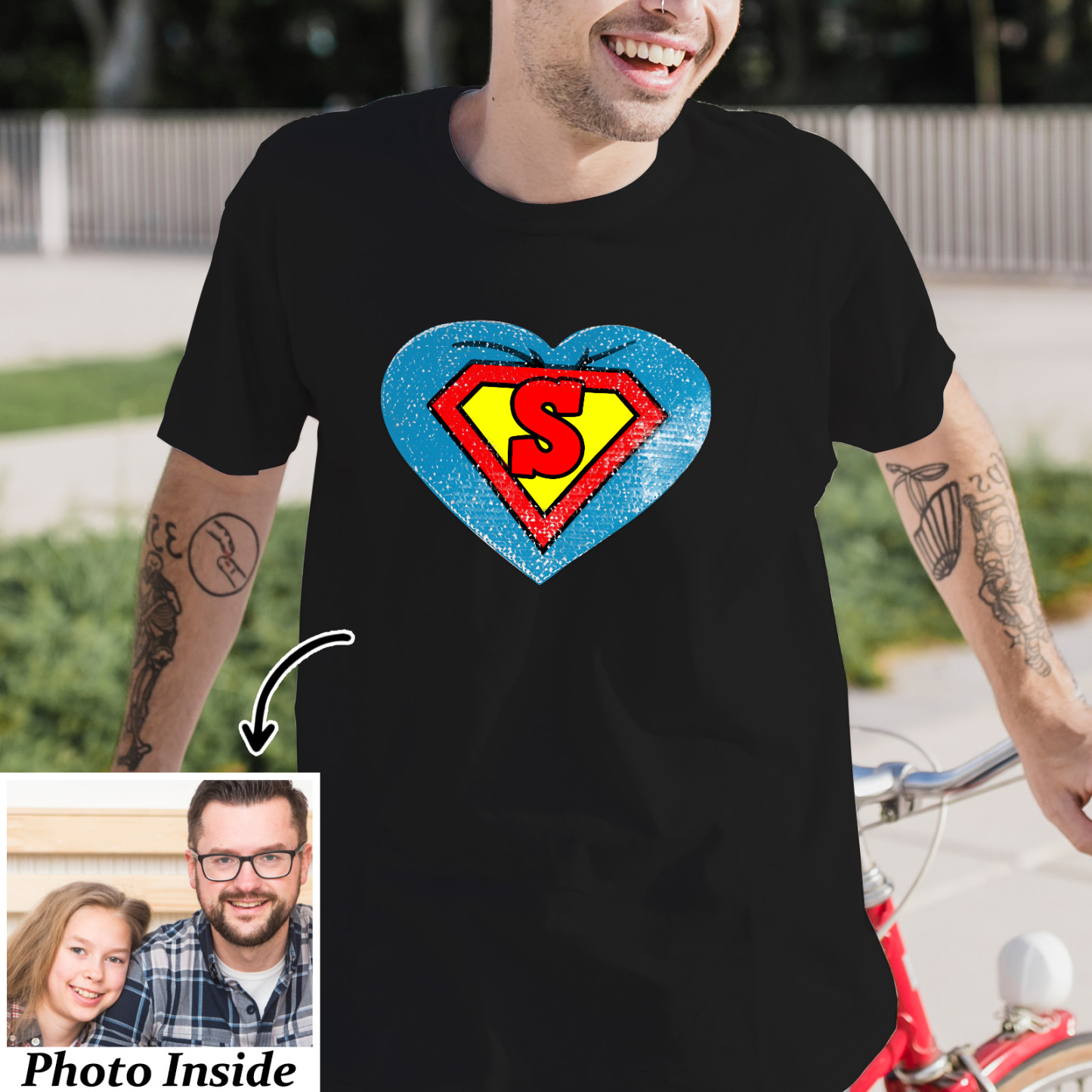 Custom Photo Heart Flip Double Sided Sequin T-shirt Personalized Picture Sequin Tee Father's Day Gifts Super Dad