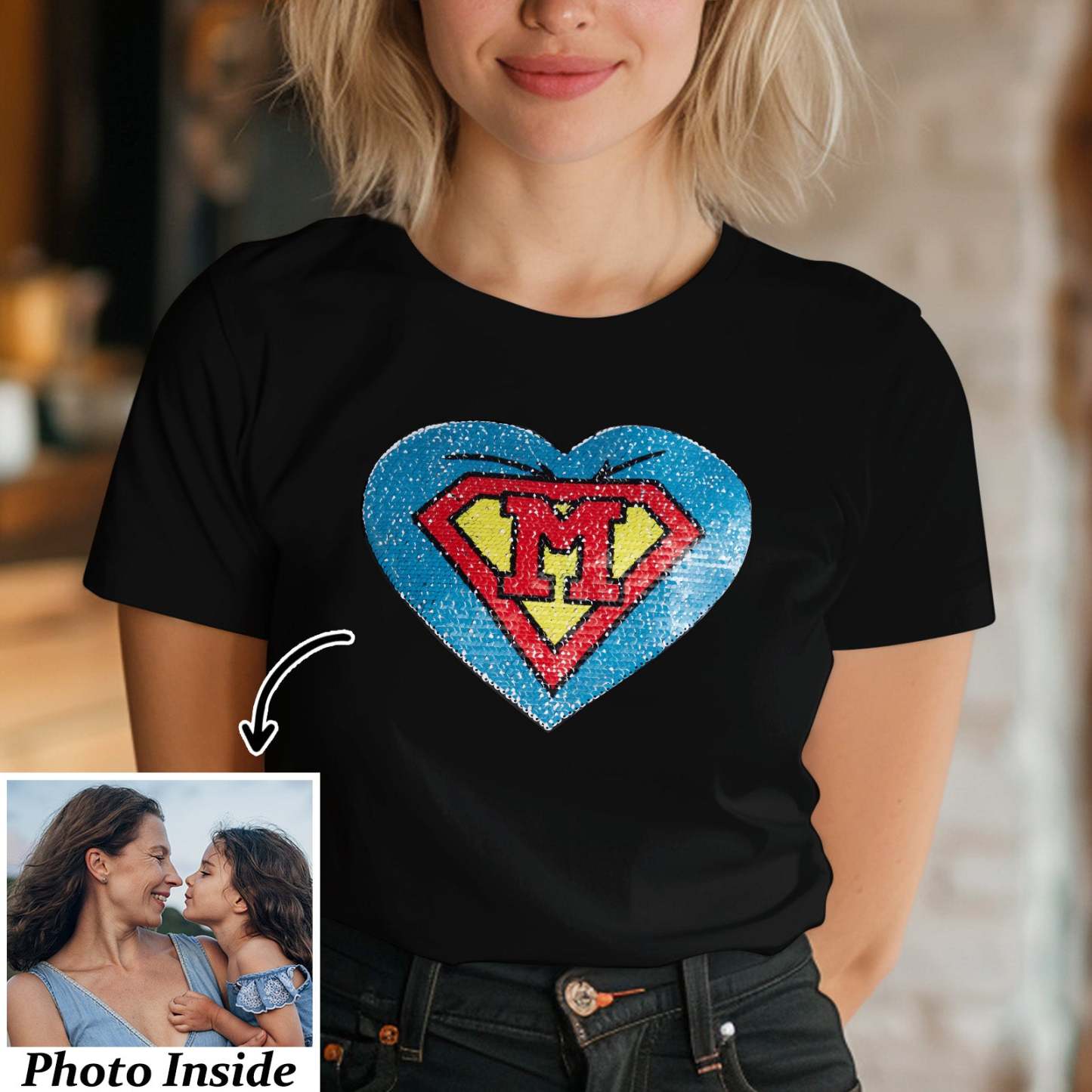 Custom Photo Heart Flip Double Sided Sequin T-shirt Personalized Picture Sequin Tee Mother's Day Gifts - soufeelus