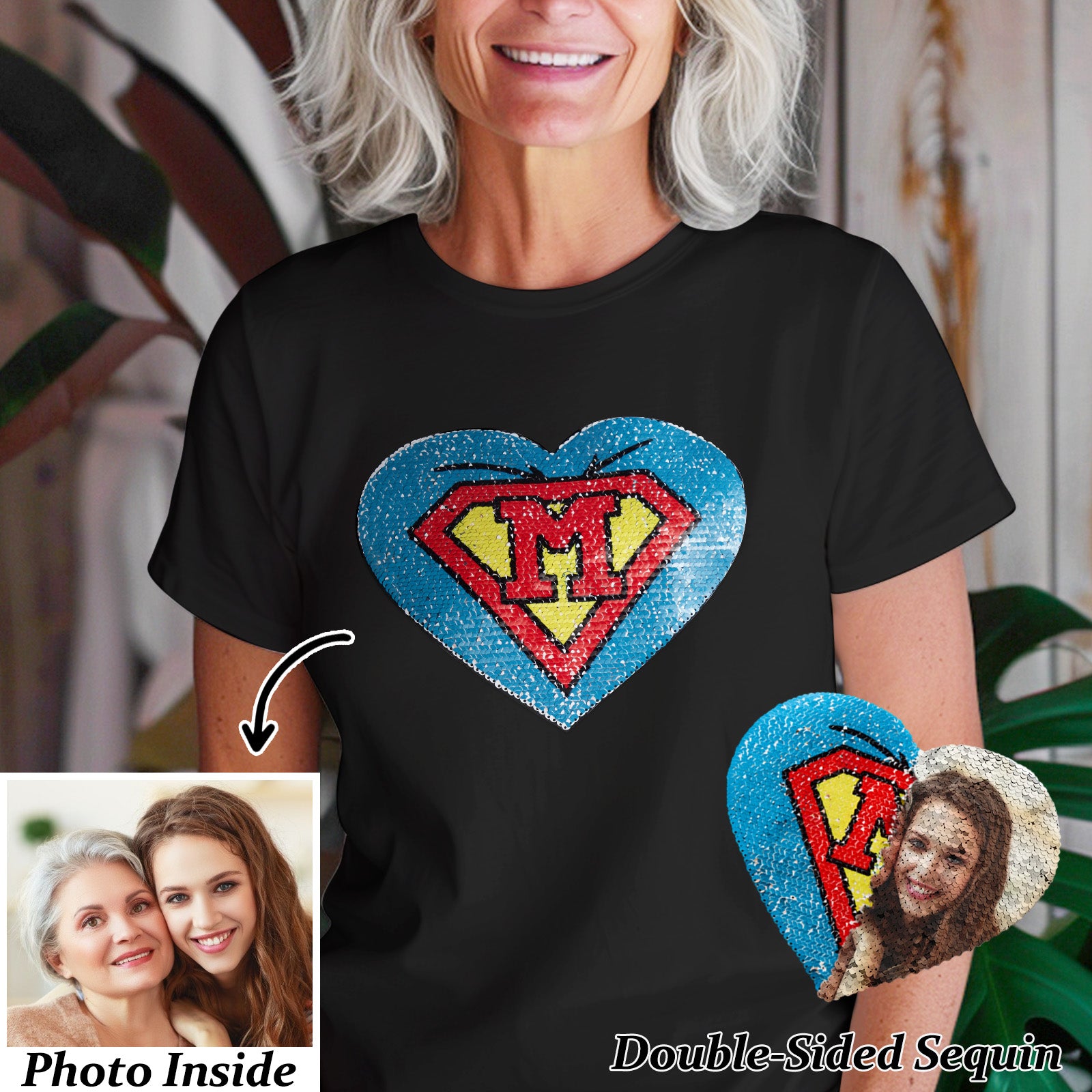 Custom Photo Heart Flip Double Sided Sequin T-shirt Personalized Picture Sequin Tee Mother's Day Gifts - soufeelus