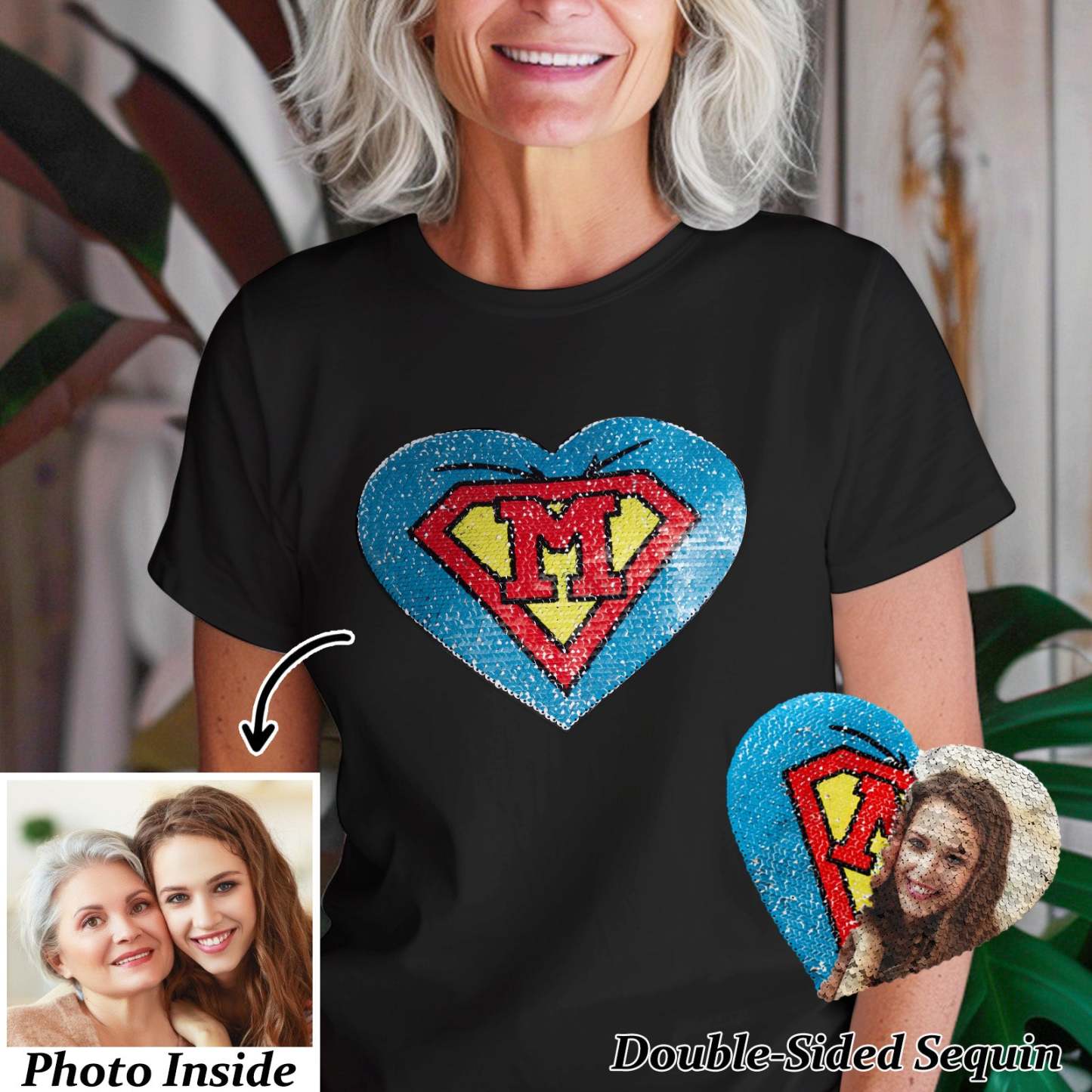 Custom Photo Heart Flip Double Sided Sequin T-shirt Personalized Picture Sequin Tee Mother's Day Gifts