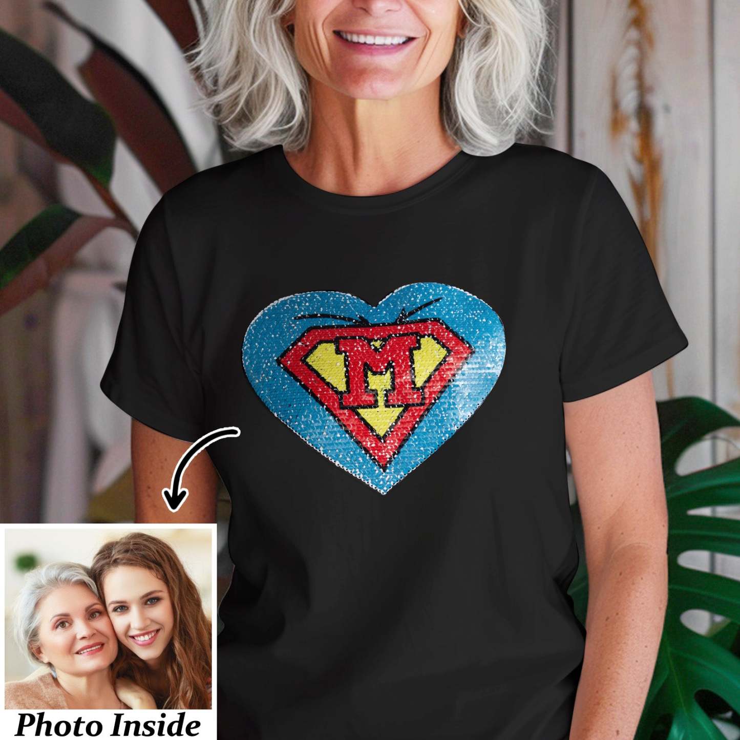 Custom Photo Heart Flip Double Sided Sequin T-shirt Personalized Picture Sequin Tee Mother's Day Gifts - soufeelus