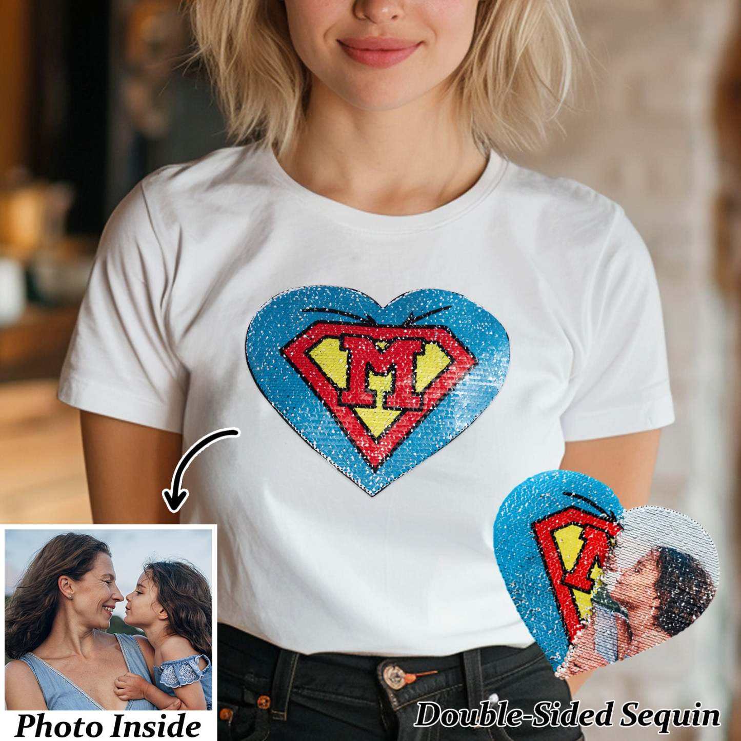 Custom Photo Heart Flip Double Sided Sequin T-shirt Personalized Picture Sequin Tee Mother's Day Gifts - soufeelus