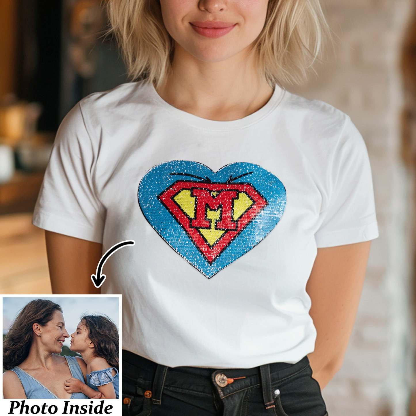 Custom Photo Heart Flip Double Sided Sequin T-shirt Personalized Picture Sequin Tee Mother's Day Gifts - soufeelus