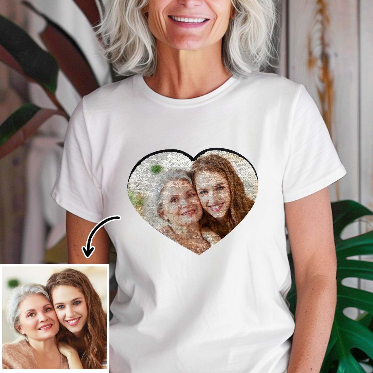 Custom Photo Heart Flip Double Sided Sequin T-shirt Personalized Picture Sequin Tee Mother's Day Gifts - soufeelus