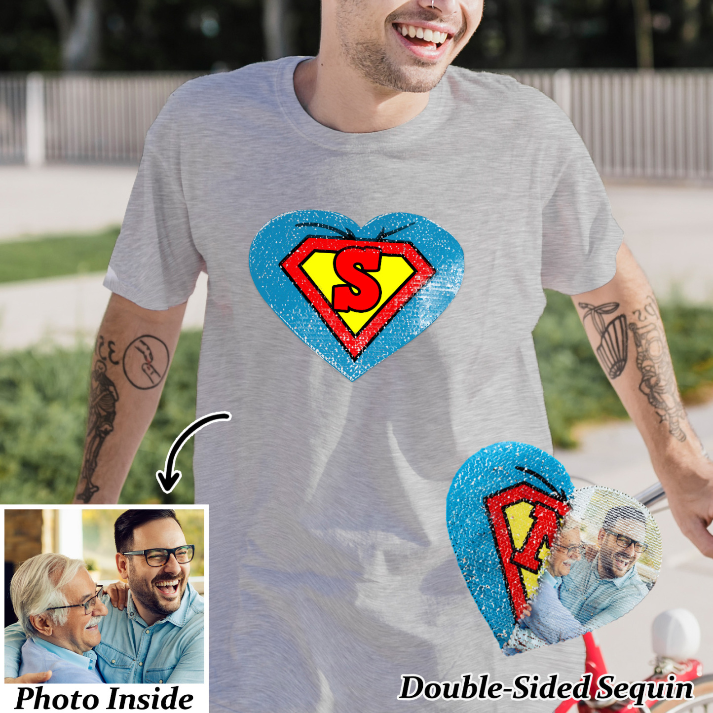 Custom Photo Heart Flip Double Sided Sequin T-shirt Personalized Picture Sequin Tee Father's Day Gifts Super Dad