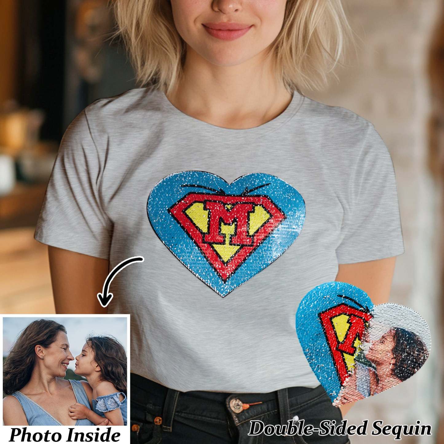 Custom Photo Heart Flip Double Sided Sequin T-shirt Personalized Picture Sequin Tee Mother's Day Gifts - soufeelus