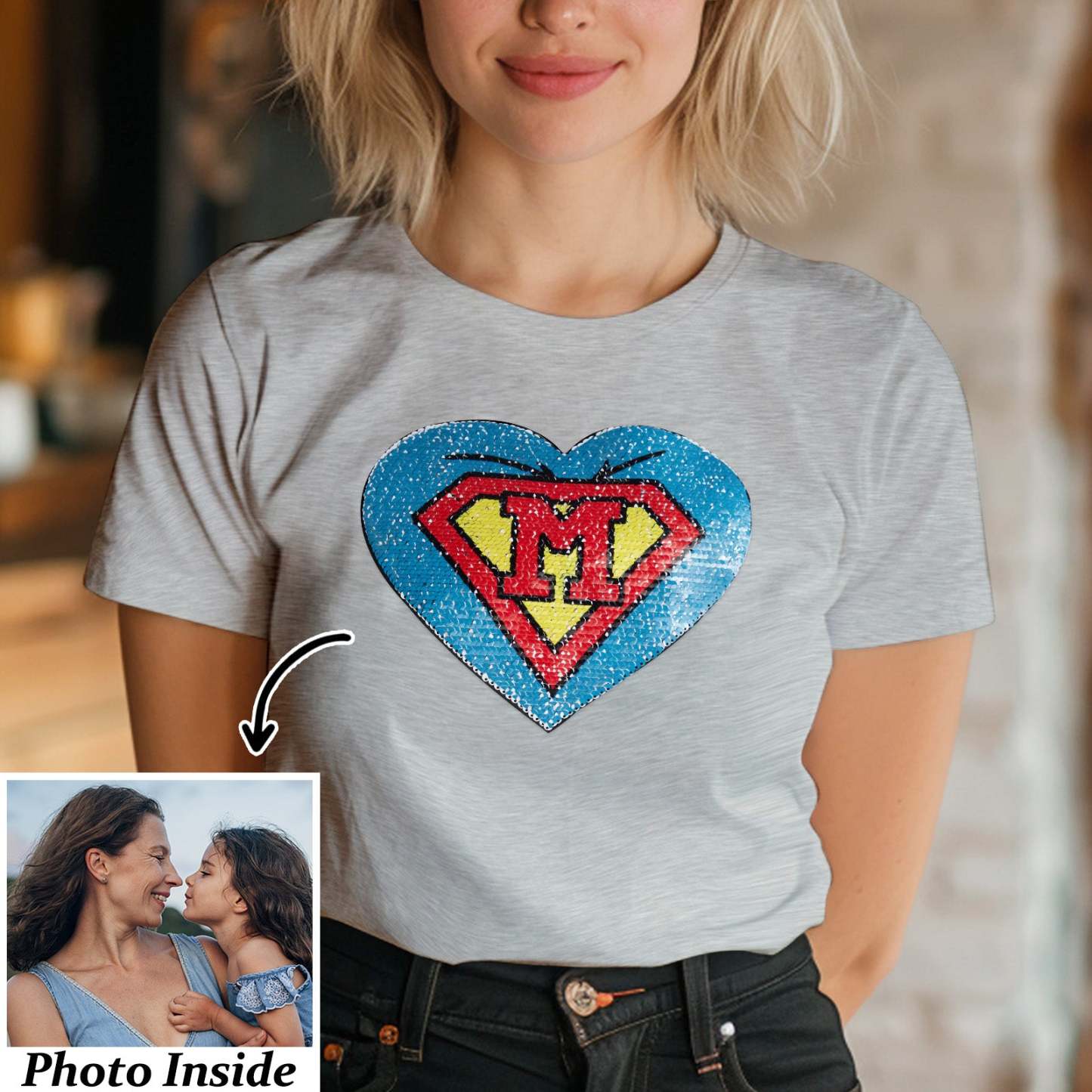 Custom Photo Heart Flip Double Sided Sequin T-shirt Personalized Picture Sequin Tee Mother's Day Gifts - soufeelus