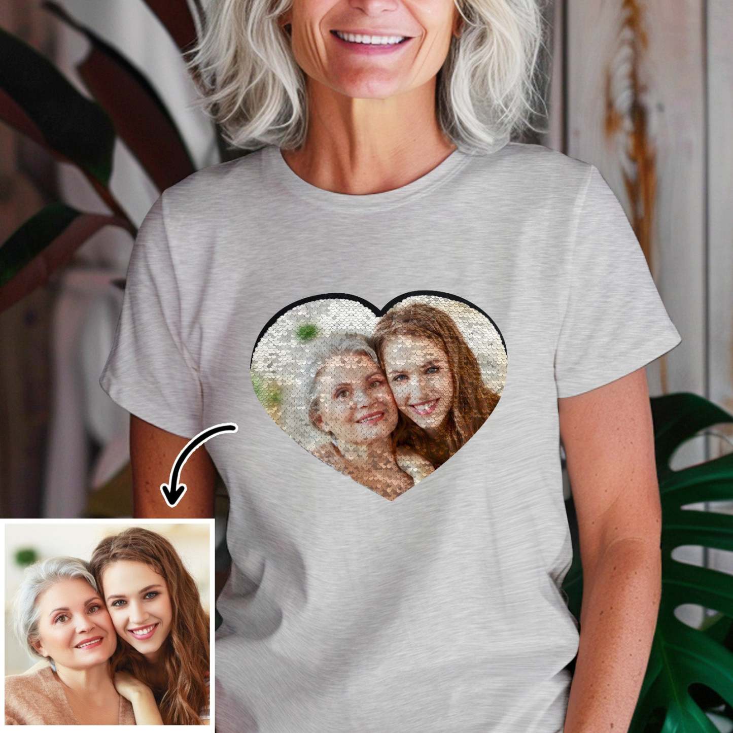 Custom Photo Heart Flip Double Sided Sequin T-shirt Personalized Picture Sequin Tee Mother's Day Gifts - soufeelus