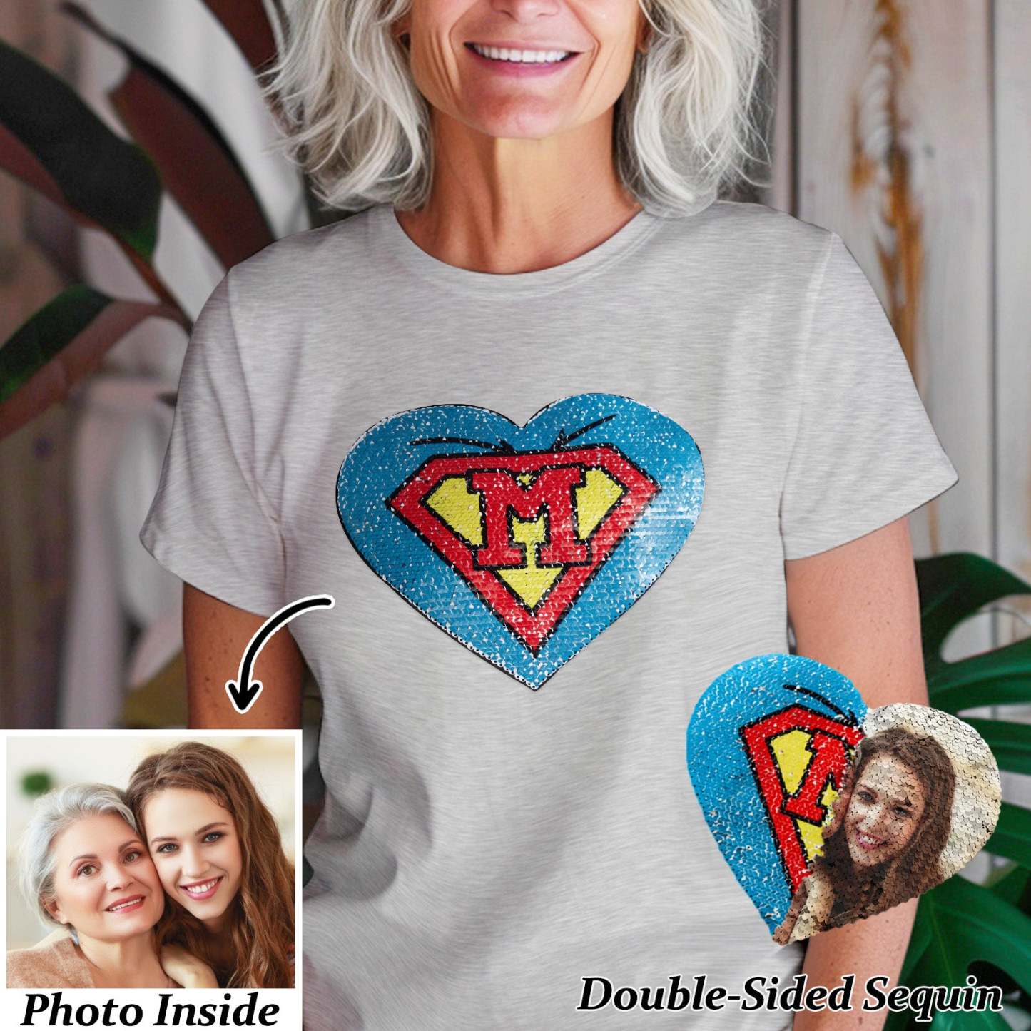 Custom Photo Heart Flip Double Sided Sequin T-shirt Personalized Picture Sequin Tee Mother's Day Gifts - soufeelus