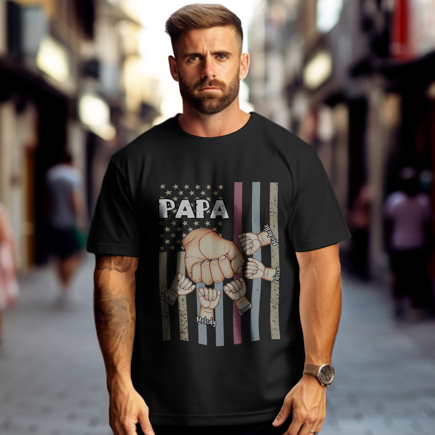 Personalized Papa Uncle Us Flag Grandkids Hands Shirts with Name Custom Papa Papaw Shirts for Fathers Day - soufeelus