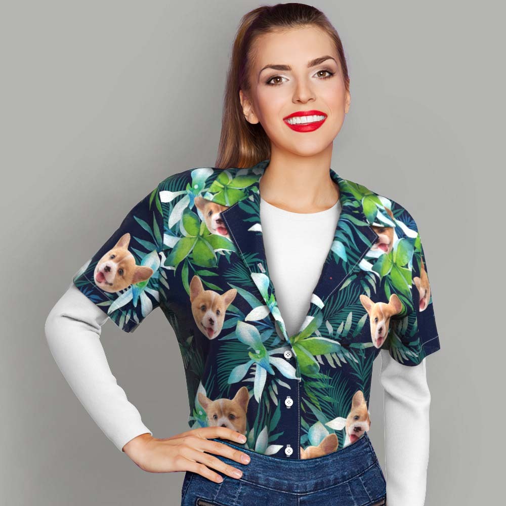 Custom Hawaiian Shirt with Face Custom Dog Face Hawaiian Shirt Leaves Tropical Shirts for Gift