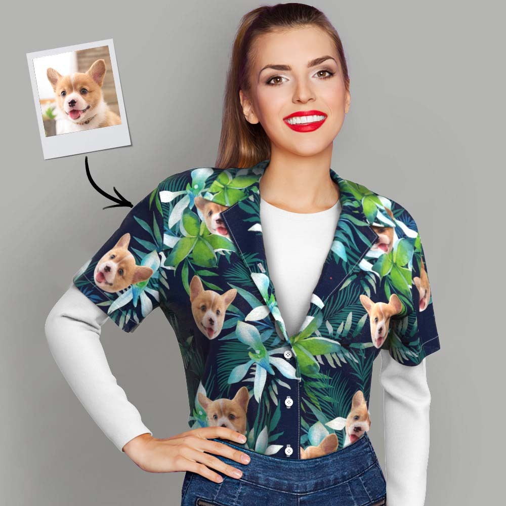 Custom Hawaiian Shirt with Face Custom Dog Face Hawaiian Shirt Leaves Tropical Shirts for Gift