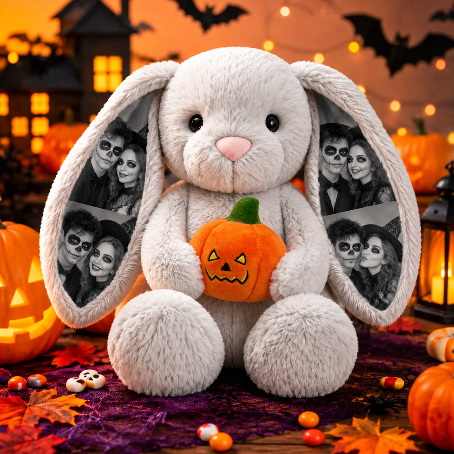 Custom Photo Halloween Plush Bunny, Personalized Photo Ears Rabbit Animal Stuffed Toy with Pumpkin & Witch Hat, Spooky Couple Gift for Halloween Decor
