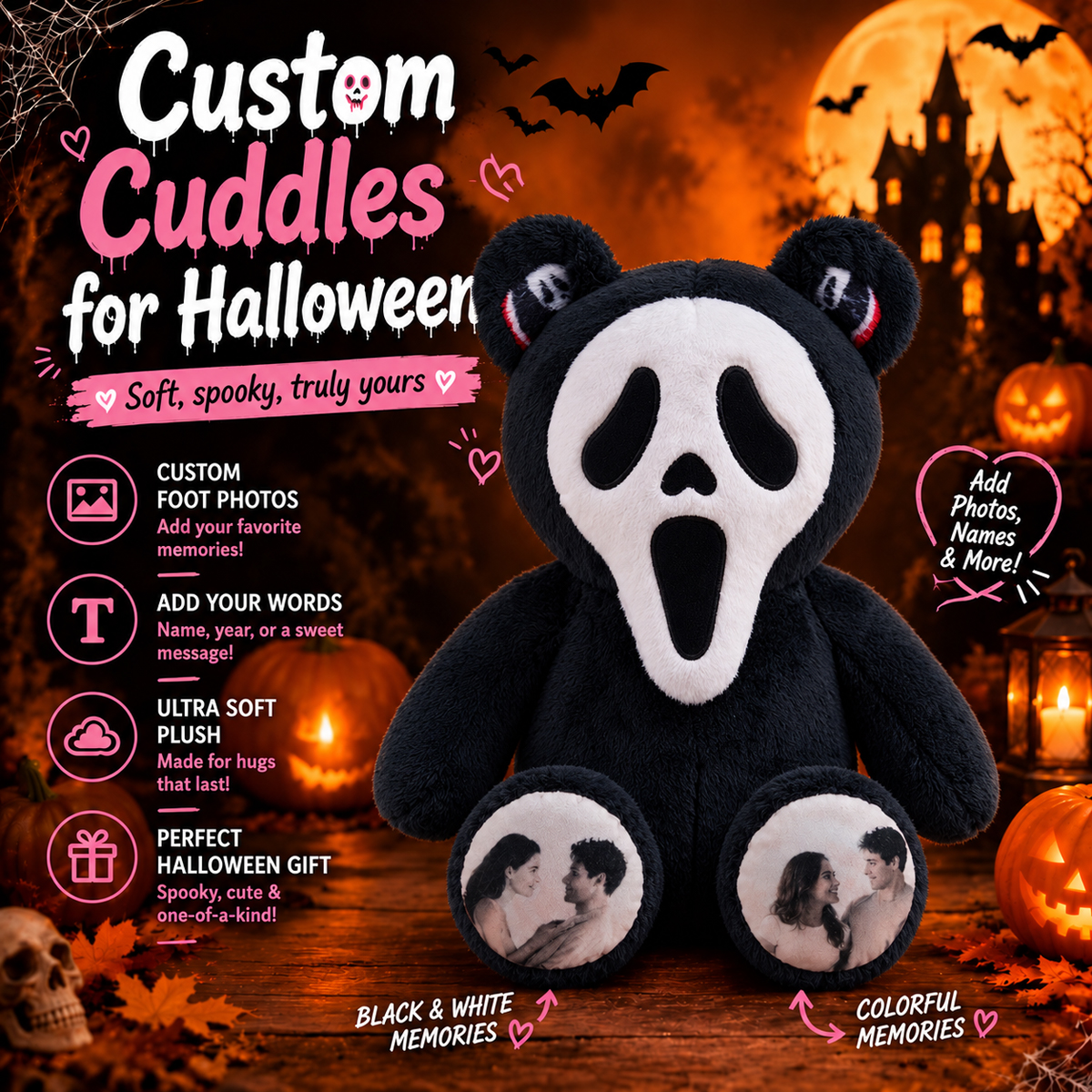 Custom Photo Ghost Bear Plush Personalized Halloween Teddy Bear Spooky Ghost Face Stuffed Animal Couple Photo Paw Gift detail