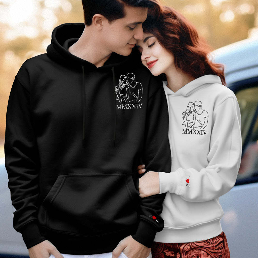 Custom Embroidered Photo Outline Hoodie With Roman Numerals Sweatshirt Gifts For Couples - soufeelus