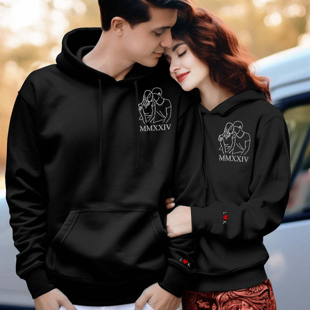 Custom Embroidered Photo Outline Hoodie With Roman Numerals Sweatshirt Gifts For Couples - soufeelus
