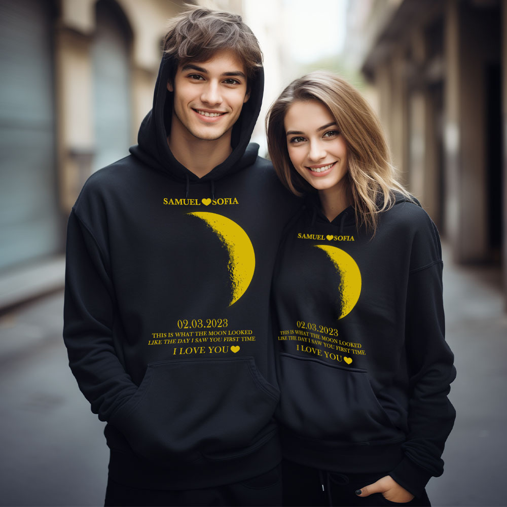 Custom Couple Art Sweatshirt Pocket Sweatshirt Custom REAL MOON PHASE Couple Memory Gift For Bf - soufeelus