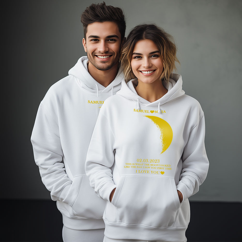 Custom Couple Art Sweatshirt Pocket Sweatshirt Custom REAL MOON PHASE Couple Memory Gift For Bf - soufeelus