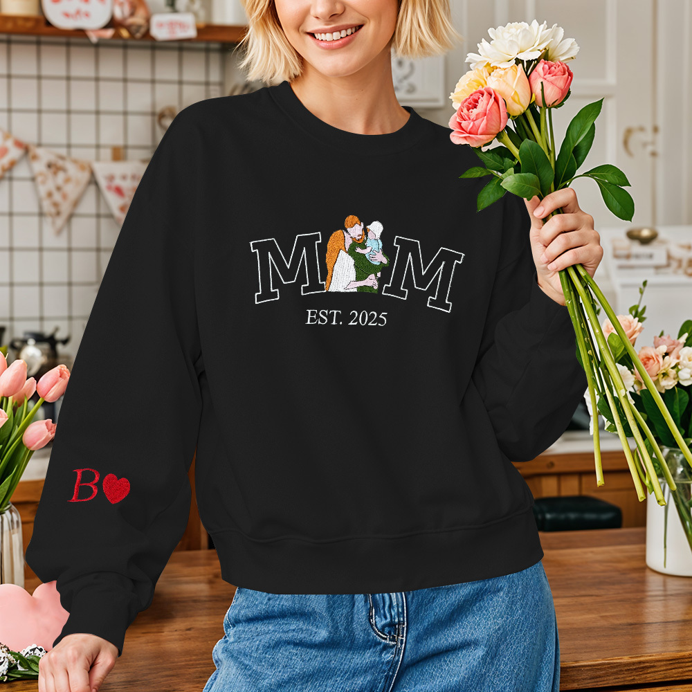 Mama Sweatshirt with Photo, Custom Embroidered Hoodie Mama and Kids Portrait, Varsity Shirt