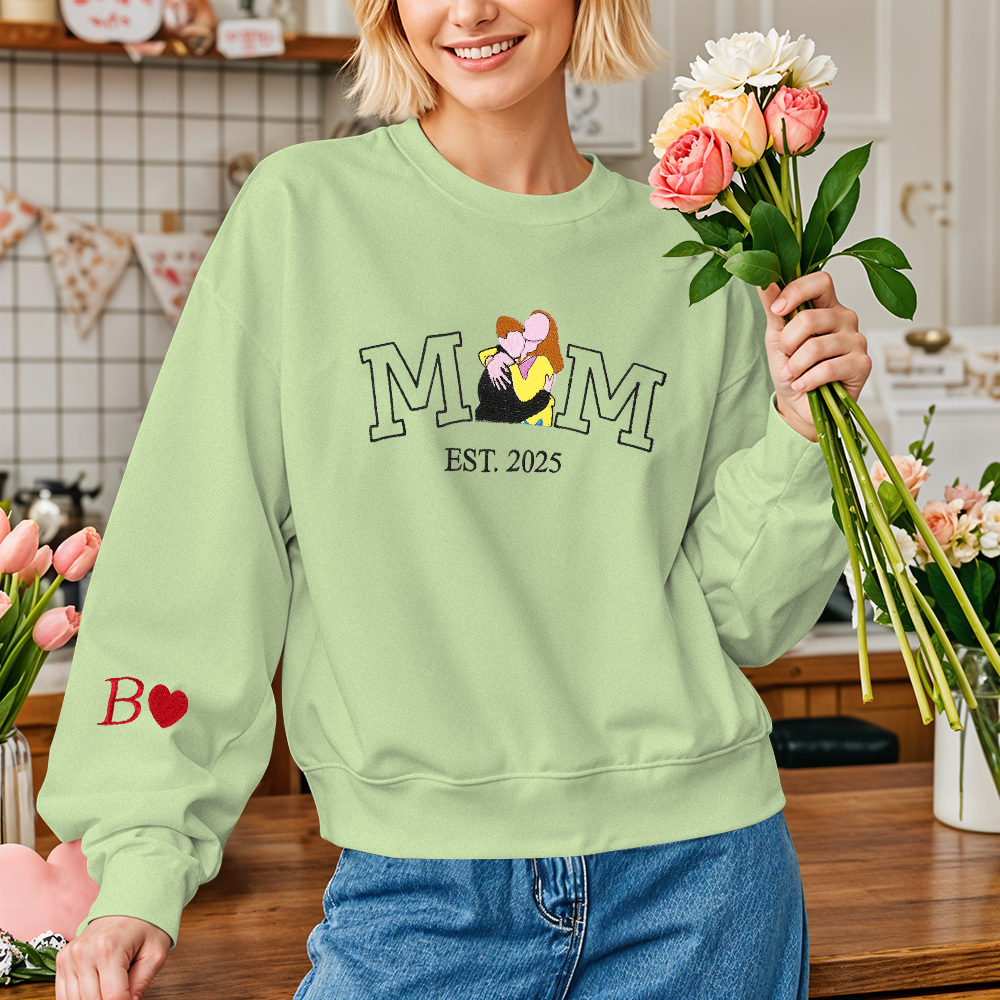 Custom Embroidered Hoodie Mama Sweatshirt with Photo Mama and Kids Portrait Varsity Shirt Mother's Day Gifts
