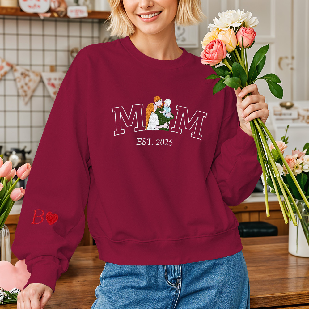 Custom Embroidered Hoodie Mama Sweatshirt with Photo Mama and Kids Portrait Varsity Shirt Mother's Day Gifts