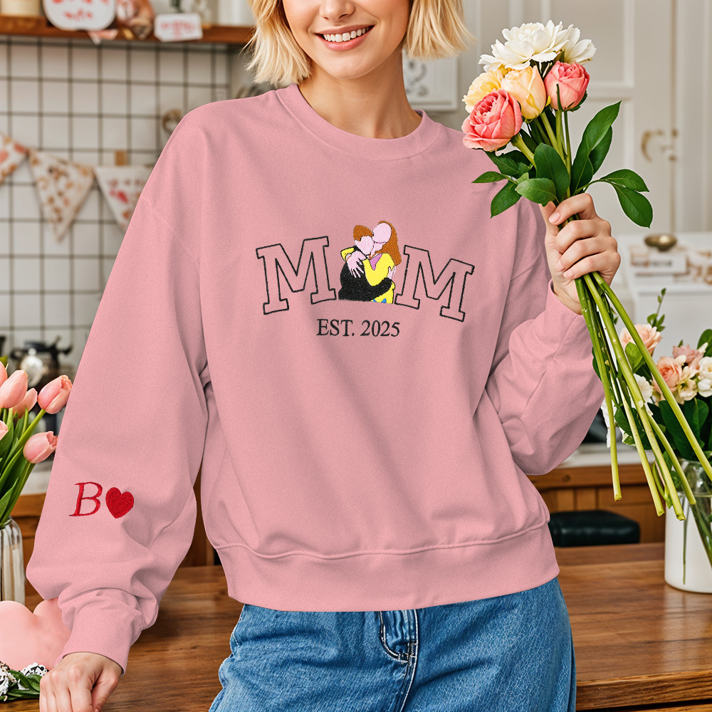 Custom Embroidered Hoodie Mama Sweatshirt with Photo Mama and Kids Portrait Varsity Shirt Mother's Day Gifts